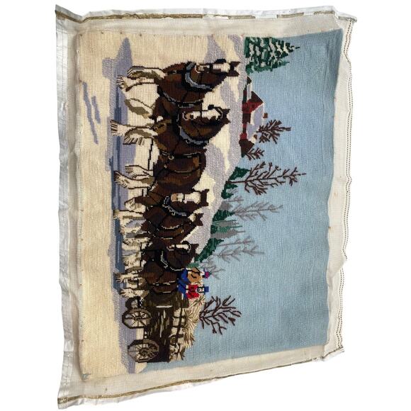 Vintage Needlepoint Clydesdale Horses Amish Winter Scene Wagon 70's Picture - Picture 9 of 12